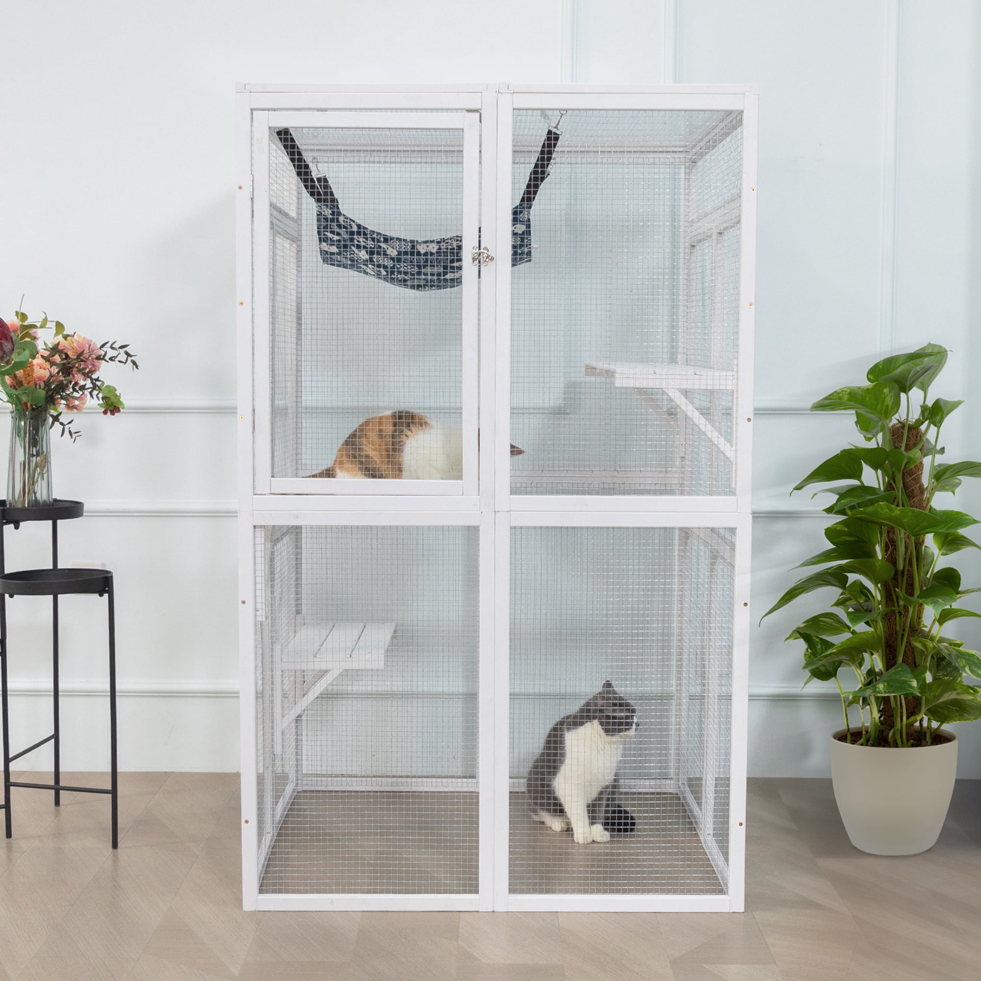 Pefilos 64" Cat House Outdoor Catio Cat Enclosures Wooden Kitty House with Platforms, Waterproof Roof, Hammock, White Pefilos 64" Cat House Outdoor Catio Cat Enclosures Wooden Kitty House with Platforms, Waterproof Roof, Hammock, White