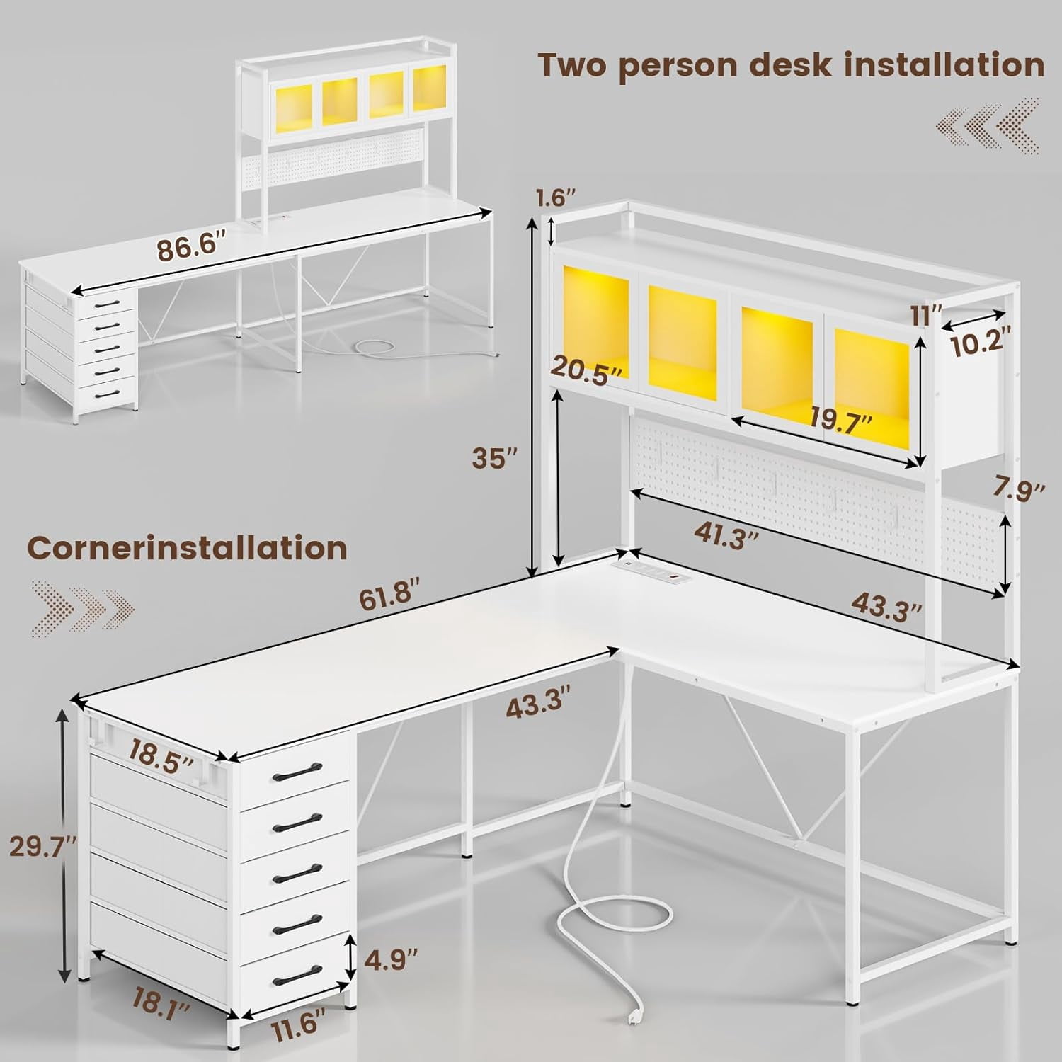 L-Shaped Computer Desk with LED Strips&Display Cabinet Reversible Gaming Desk with Power Outlets/5 Drawers/Pegboard for Office, White