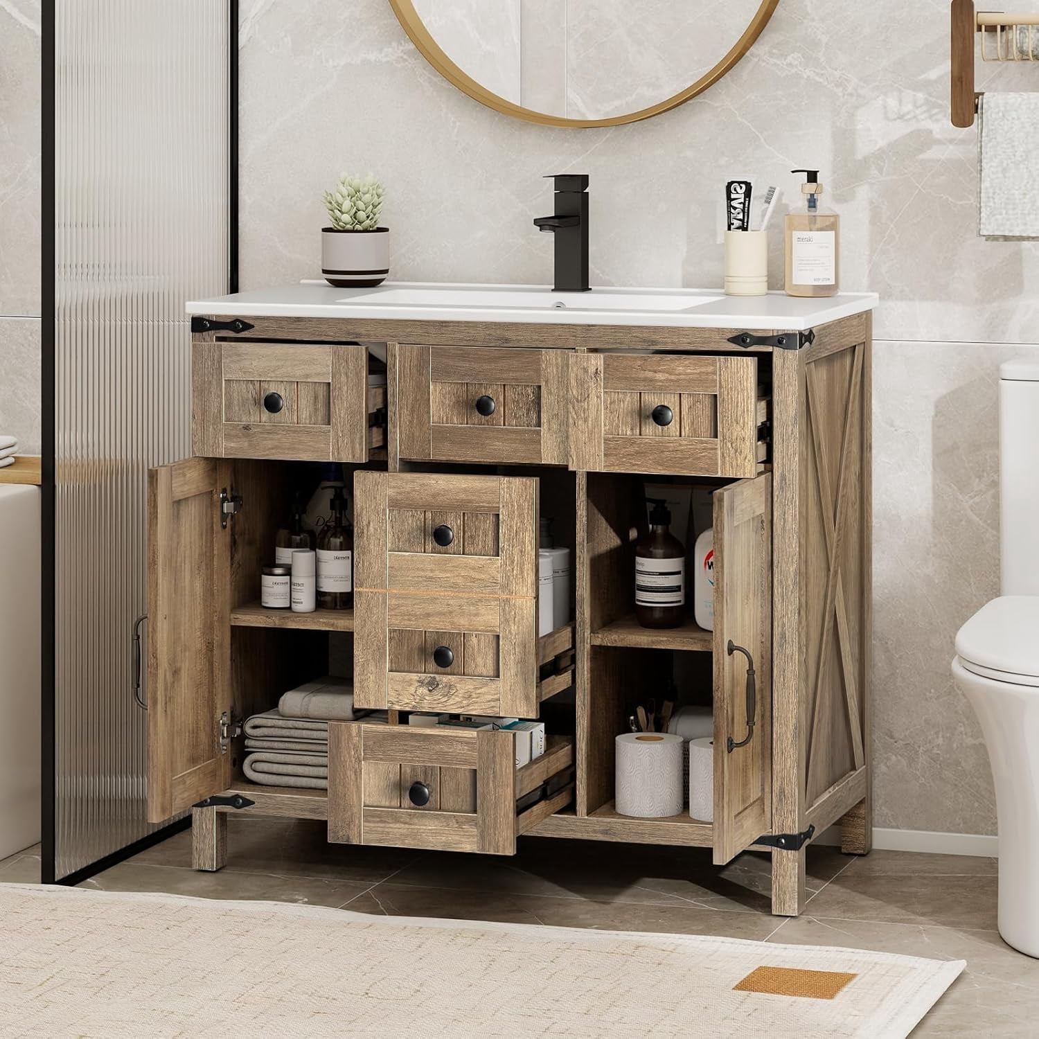ELECWISH 36" Farmhouse Bathroom Vanity with Sink Combo, Rustic Vanity Cabinet with Ceramic Under Mount Sink Combo with Faucet Set, Four Sliding Drawers, Adjustable Shelf, Rustic Brown
