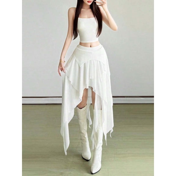 White Asymmetrical Handkerchief Hem Chiffon Skirt, High Waist Flowy Midi Skirt For Women