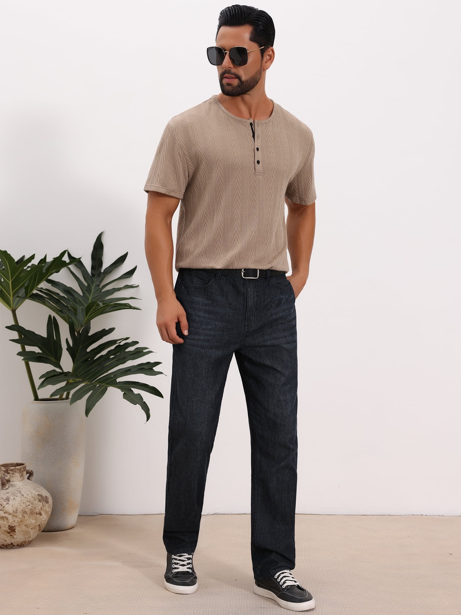 DARING DIVA Men's Henley Short Sleeve Button Down Jacquard Knitted T-Shirt S Khaki