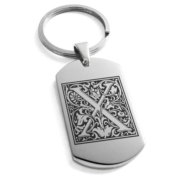 Stainless Steel Letter X Initial Floral Box Monogram Engraved Engraved Dog Tag Keychain Keyring