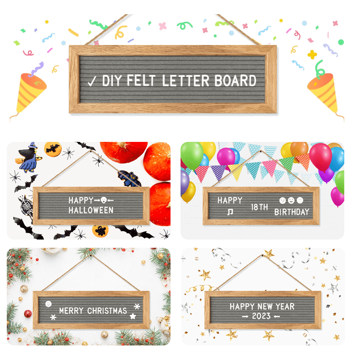 Picture Frames Hanging Display Wooden Board, Felt Letter Board with 340 Letters and 15 Clips, Photo Frames Collage Wall Decor for Family Birthday Christmas Party Gifts