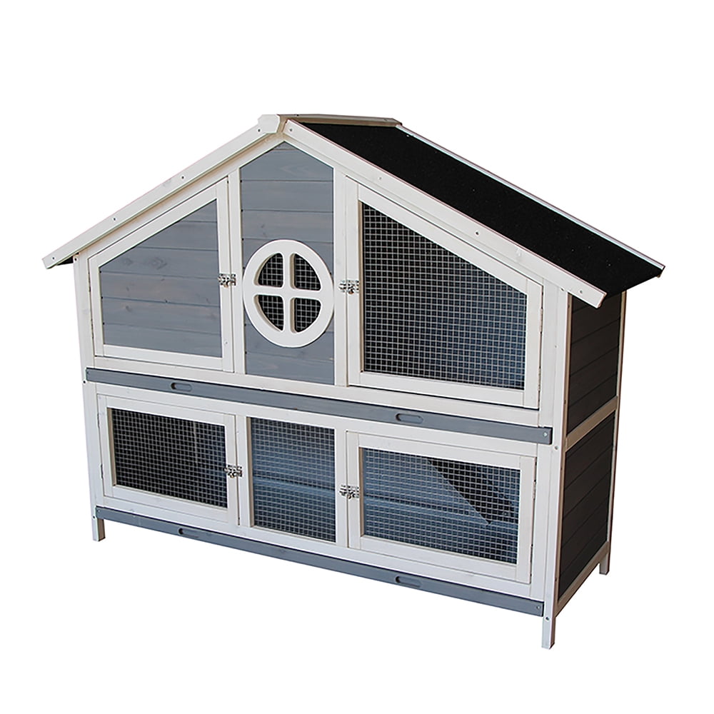 Kepooman Wooden Rabbit Hutch House with Ramp & Tray for Small Animals, White & Gray Kepooman Wooden Rabbit Hutch House with Ramp & Tray for Small Animals, White & Gray