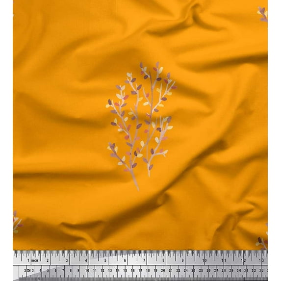 Soimoi Orange Cotton Cambric Fabric Artistic Leaves Print Fabric by the Yard 42 Inch Wide