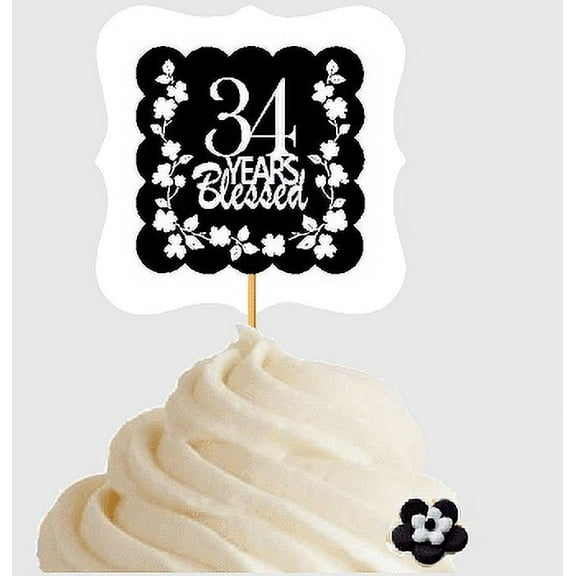34th Birthday / Anniversary Blessed Cupcake Decoration Toppers Picks -12ct