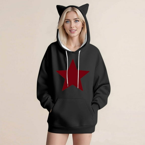 Craaazy Cute Cat Ears Hooded Pullover For Womens Casual Print Long Sleeve Hooded Drawstring Gifts Loose Sweater With Pocket