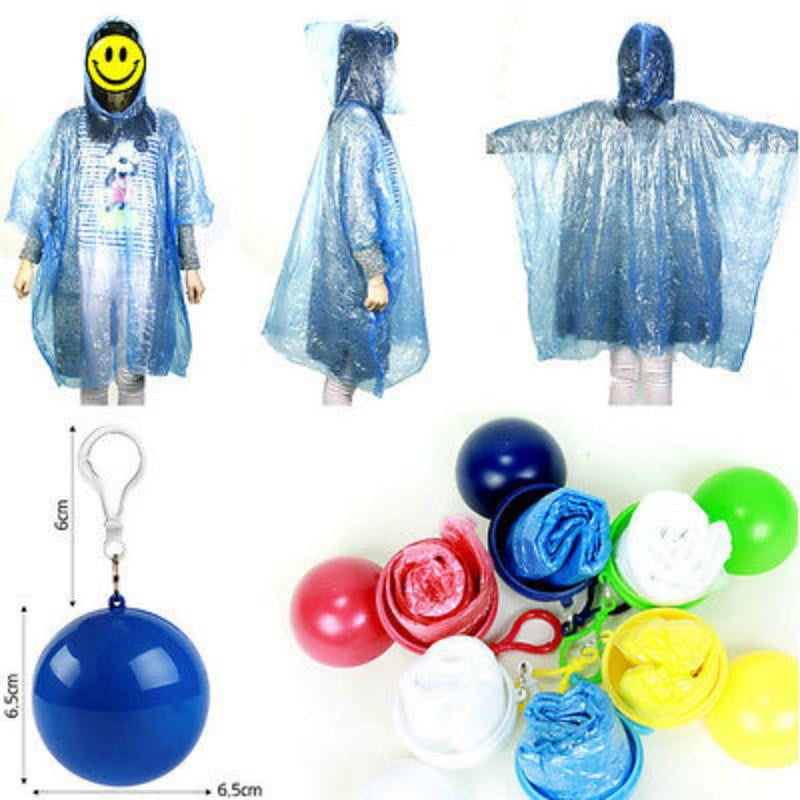 Hooded Travel Emergency Raincoat Poncho Rainwear Rain Jacket Keyring Ball x 10 