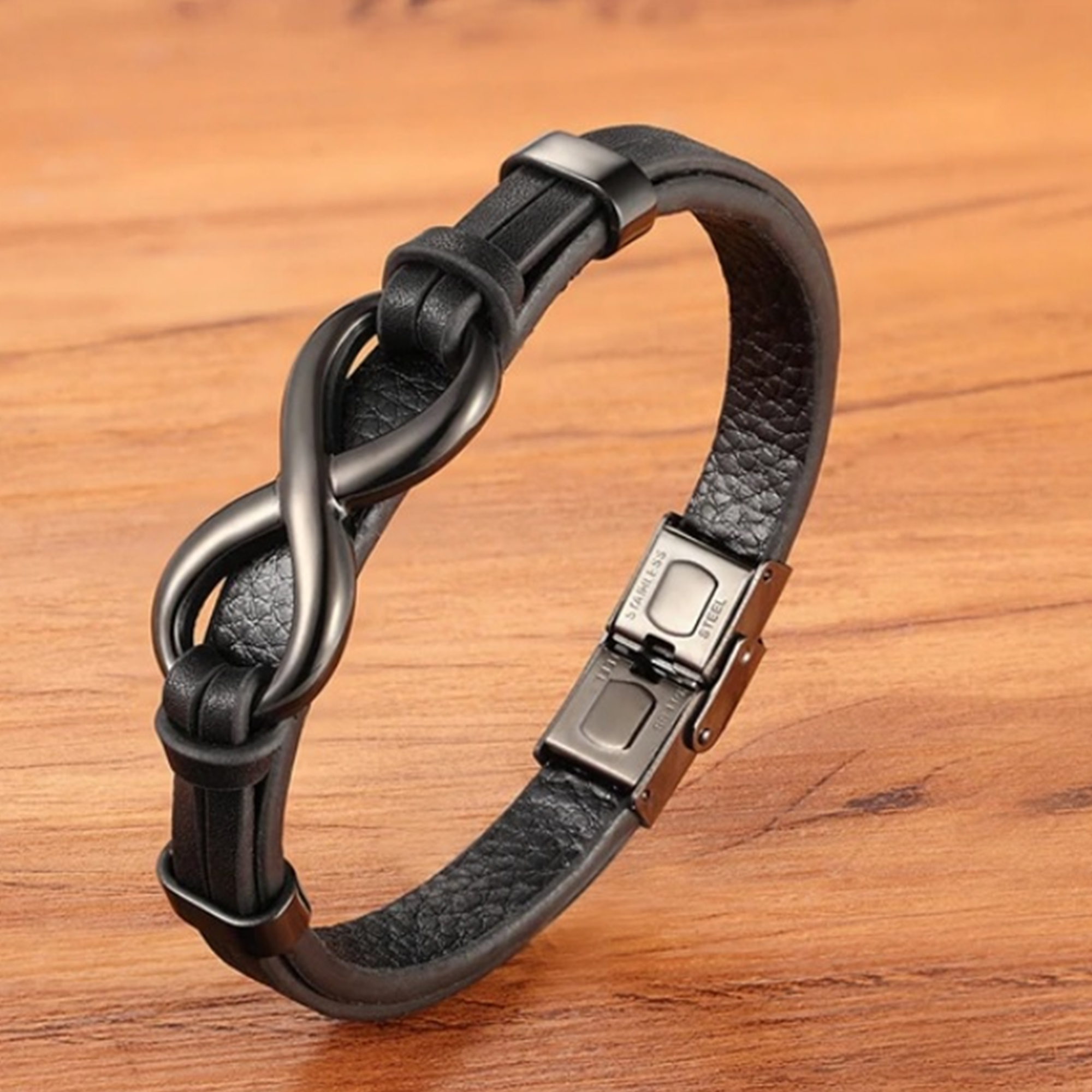 Infinity Leather Bracelet for Men in 3 Lengths, Black, 7.5 in