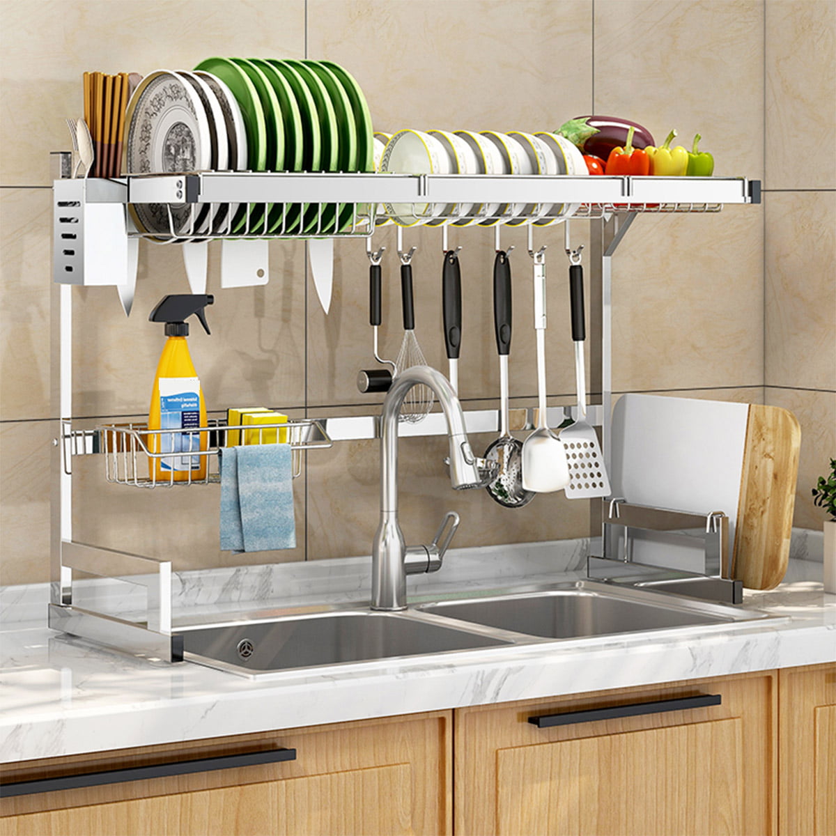 Over the Sink Dish Rack 2 Tier Dish Drying Rack 33x12x19 inches Large Dish  Drainer For Kitchen Sink Stainless Steel