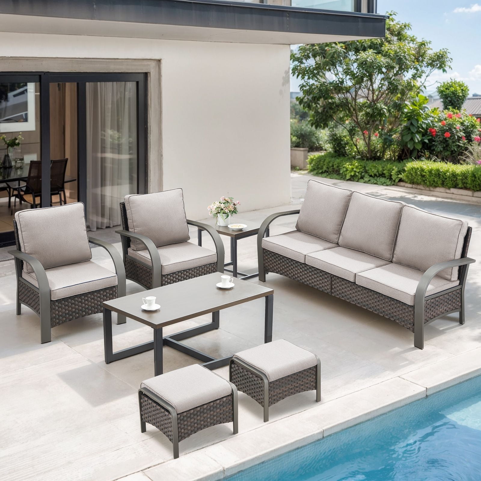OPOHORO 7-Piece Outdoor Patio Furniture Set with Sofa, 2 Patio Lounge Chairs, 2 Ottomans, Coffee Table and Side Table, PE Wicker Deep Seating with Beige Cushions