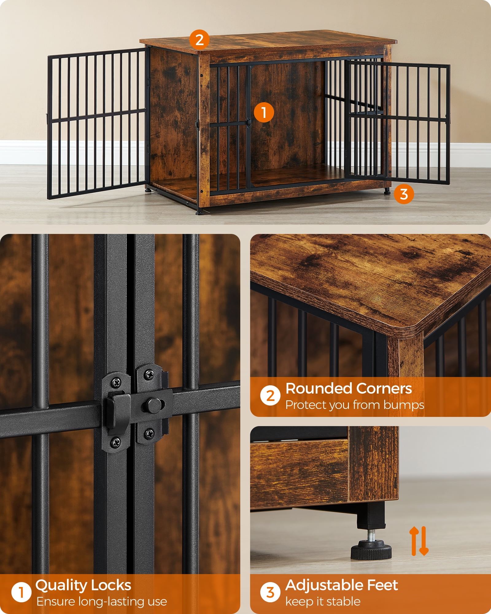 Dog Crate Furniture, Side End Table, Modern Kennel for Dogs Indoor up to 70 lb, Heavy-Duty Dog Cage with Enclosed Base Rustic Brown