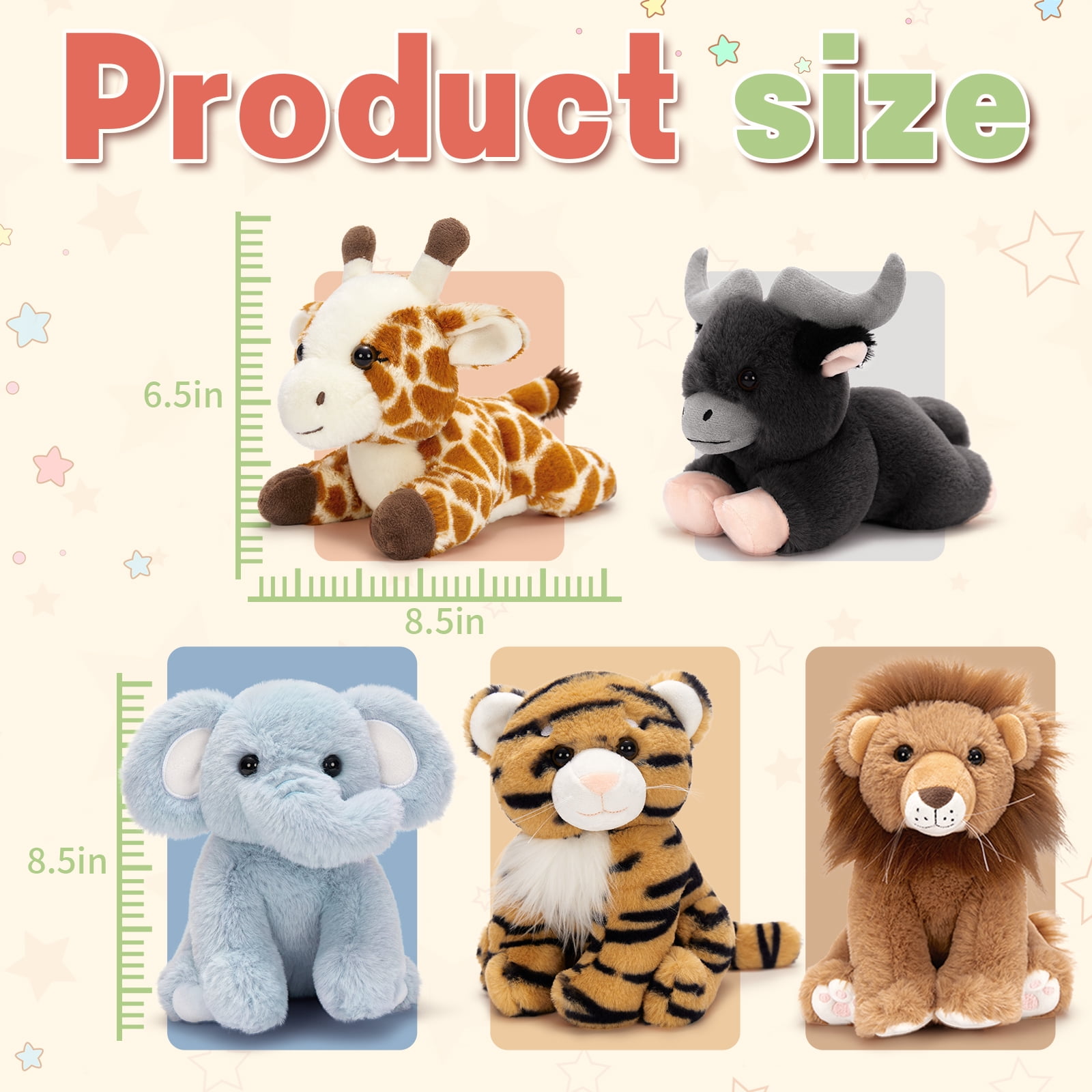 Muiteiur 5 Pieces Safari Stuffed Animals Jungle Animals Set Plush Toy(Giraffe/Tiger/Lion/Elephant/Cow)
