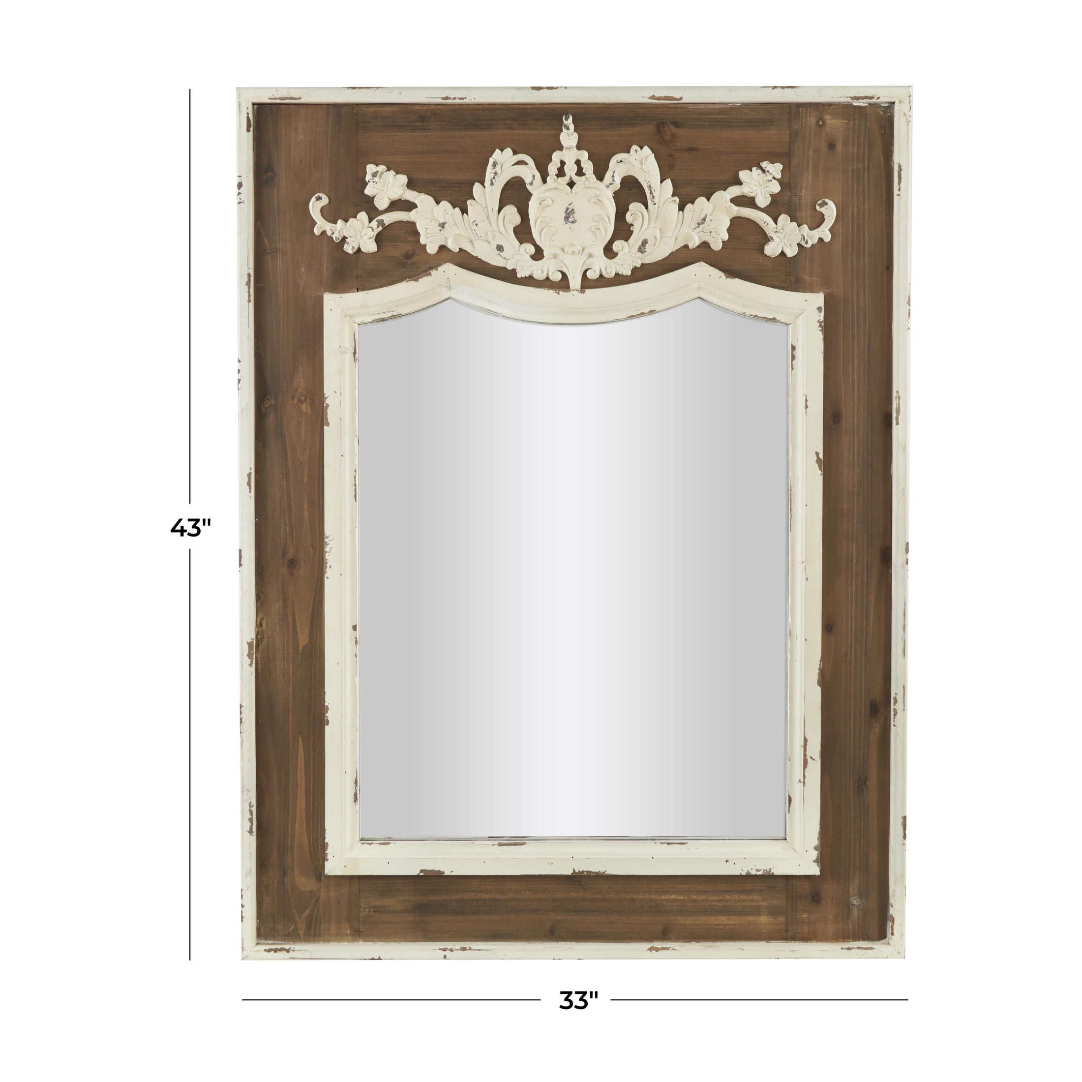 DecMode 33" x 43" Brown Vintage Inspired Acanthus Scroll Floral Wall Mirror with Distressed Cream Accents