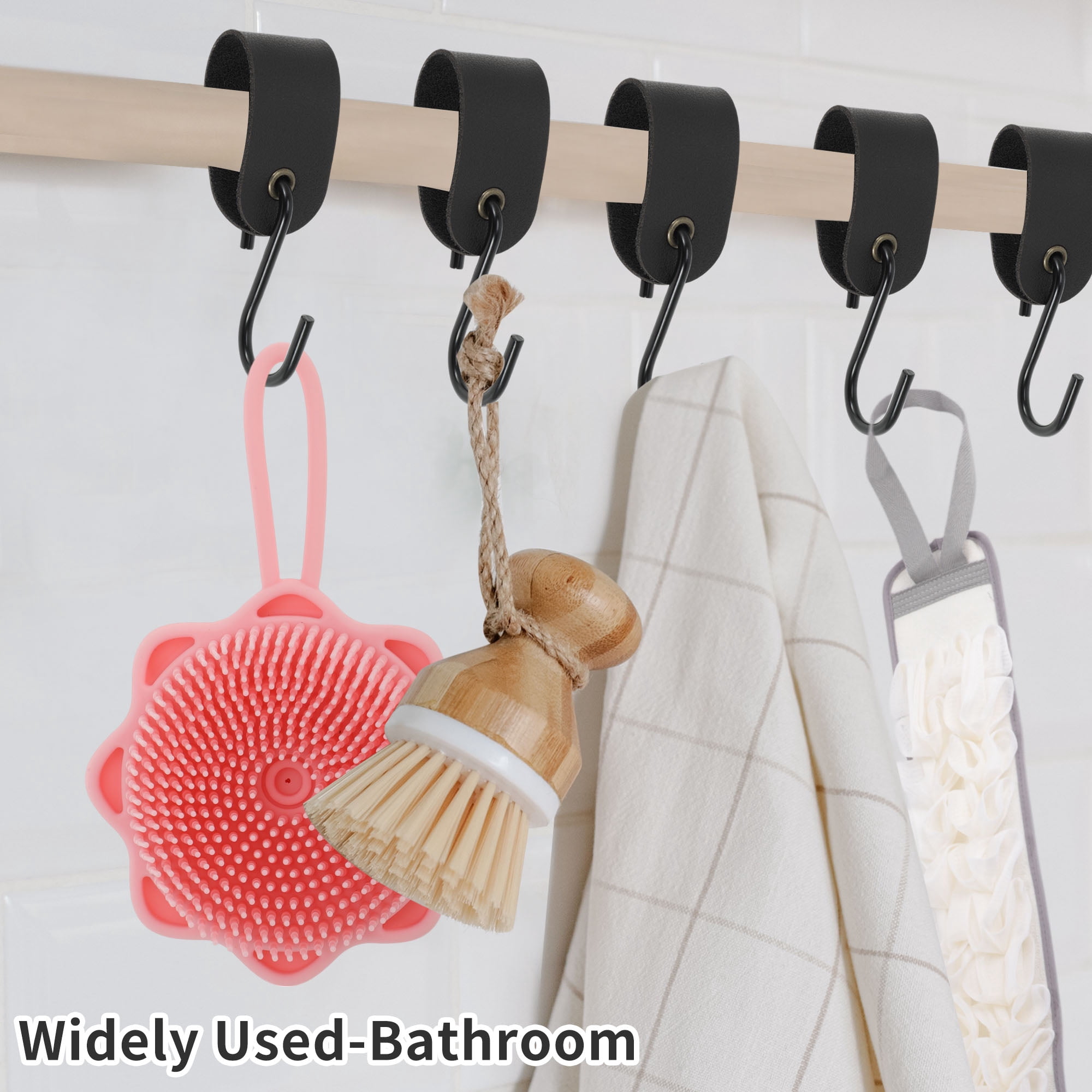 Unique Bargains Pack of 5 S Hooks with Leather Loop for Wardrobe All Black