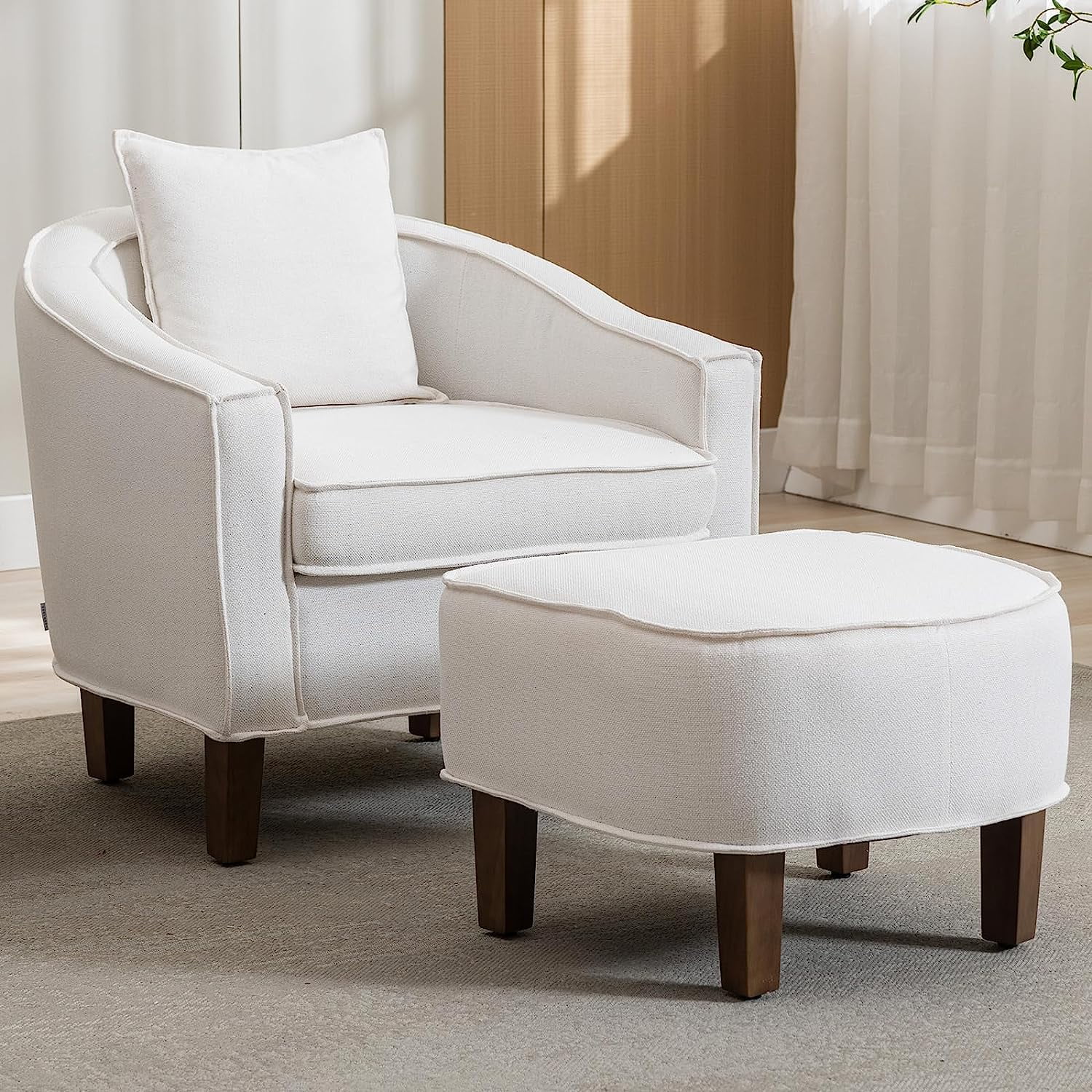 Tabaray Beige Accent Chair,Small Arm Chair with Ottoman,Pillow,Wood