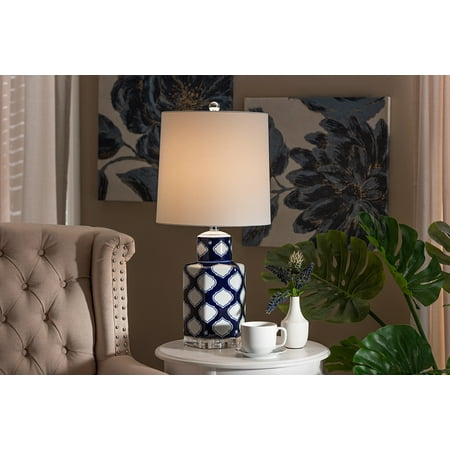 Quatrefoil Lamp Baxton Studio Tierney Modern and Contemporary Dark Blue and White Quatrefoil Patterned Ceramic Table Lamp ()