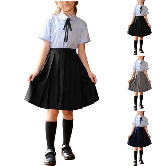 SGFCWSX Girls 3-Piece School Uniform Set, Kids Short Sleeve Collared Shirt with Bow Tie and Pleated Skirt Outfit Black Size 7-8 Years