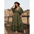 thumbnail image 5 of Army Green Plus Size Casual Vacation Tie Front Maxi Dress With Ruffles, Spring Summer, 5 of 7
