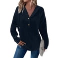 thumbnail image 1 of Women's 2025 Fall Fashion Oversized Button V-Neck Hoodie, Casual Drawstring Hooded Knit Sweatshirt with Cable Ribbed Design, Soft Breathable Long Sleeve Pullover for Daily Wear Dark Blue S, 1 of 7