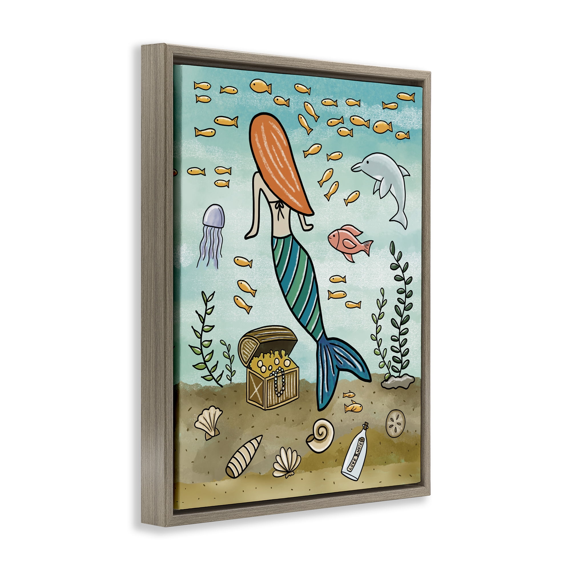 Mermaid Treasure Love Note Brown Framed Floater Canvas Wall Art, design by Jennifer Stith