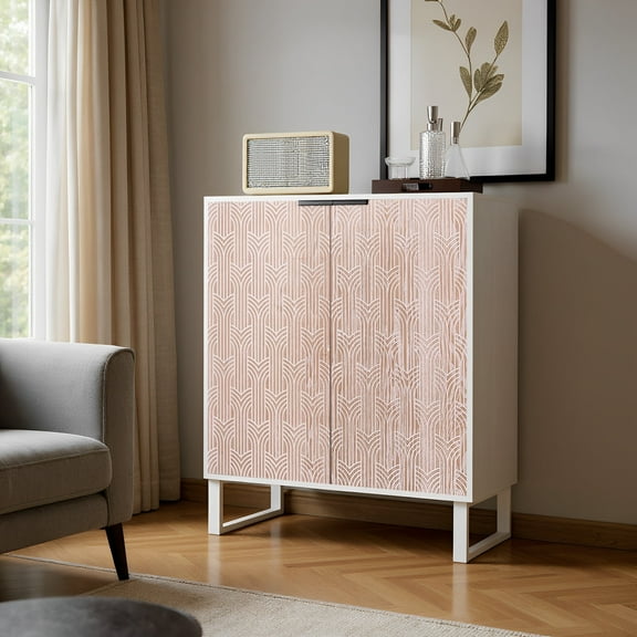 RUMLIVE Coffee Bar Cabinet with Storage, Fluted Wine Cabinet with Wine Rack & Glass Holder, Buffet Sideboard Liquor Cabinet for Kitchen, Dining Room, Living Room, Walnut, White