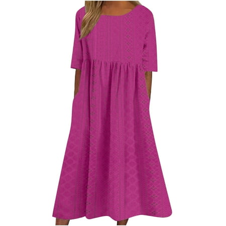 Blphud Cozy Dress Summer Dresses for Women 2024 Casual Dresses Women Elegant Women s Casual Jacquard Short Sleeve Dress Solid Color Dress Dresses for Women Hot Pink XXL