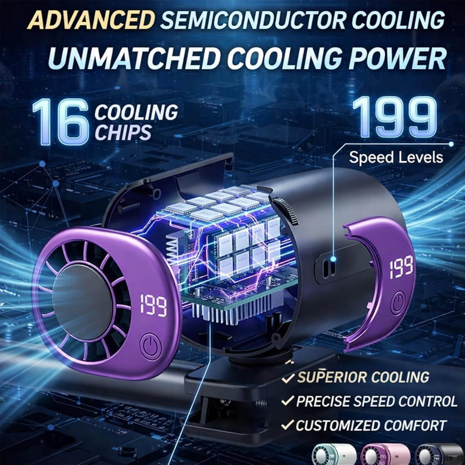2026 New Car Clip On Air Conditioner Fan with LED Display, 360° Rotation Portable Mini Cooling Fan, USB Rechargeable 199 Speeds 16℃ Semi‑Cooling with Wide Clamp