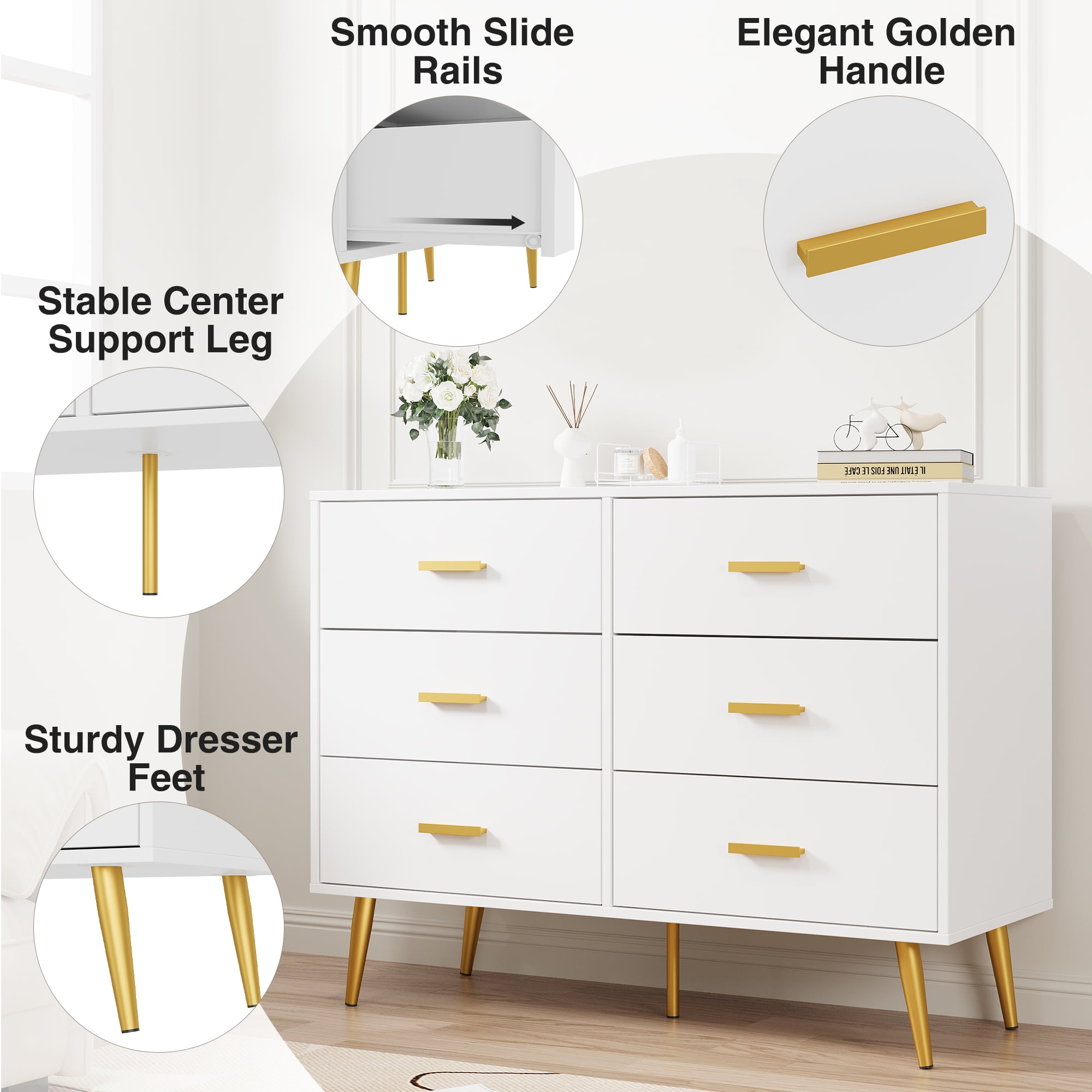 Kicctian Wooden Dresser Chest of Drawers, 6-Drawer Storage Cabinet with Gold Handles, Bedroom Dresser for Living Room, Hallway, Entryway Organizer,White