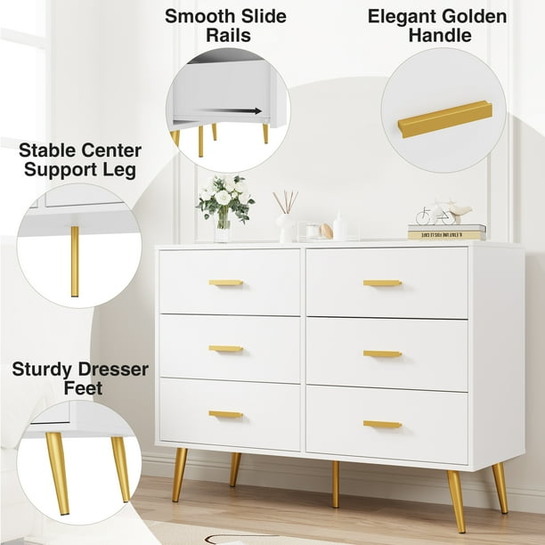 GAOMON White Dresser for Bedroom, 6 Drawer Wood Double Dresser with Gold  Handles, Modern Chest of Organizer Storage Drawers for Living Room,  Hallway, Entryway - Walmart Business Supplies