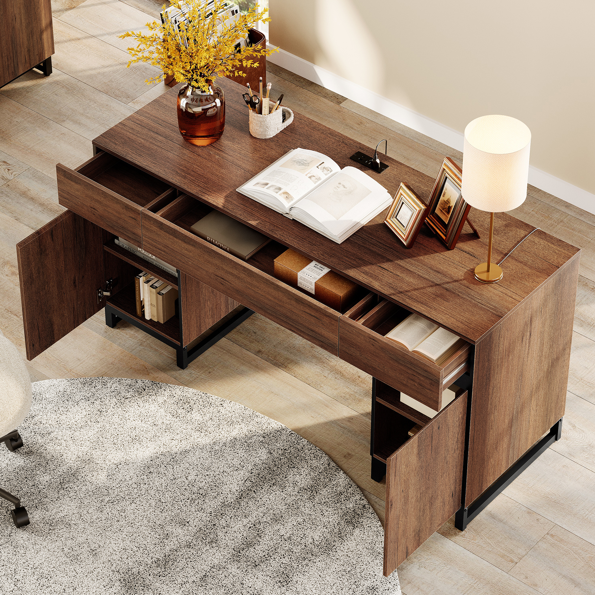 WAMPAT 59 Inch Home Office Desk, Modern Wood Study Computer Desk with Charging Station, File Drawer, 3 Drawers & 2 Cabinets, Brown