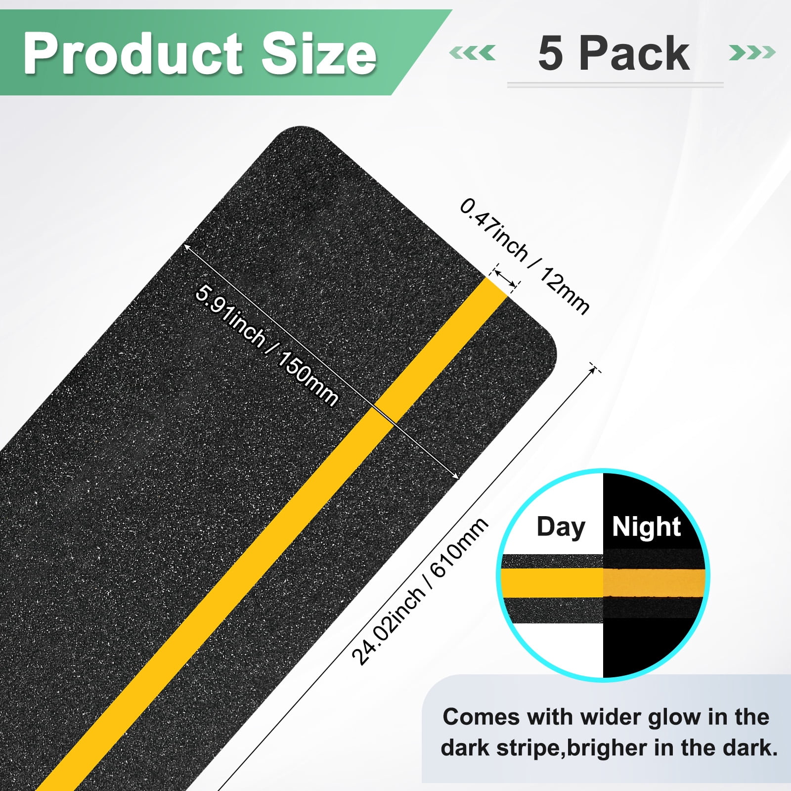 Uxcell 5-Pack Anti Slip Traction Tape 24 Inch X 6 Inch Best Grip Tape Grit with 12mm Glow in Dark Stripe Outdoor Non-Skid Tape for Stairs Step Black+Yellow