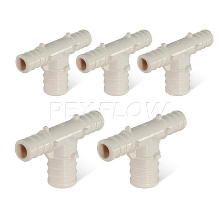 Pexflow 5-3410PPRT Plastic PEX Poly Alloy Reducing Tee Barb Pipe Fitting 1 x 1 x 3/4 Inches Pack of 5
