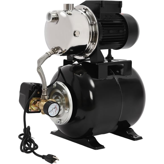 1HP Shallow Well Pump with 6 Gal Pressure Tank,Stainless Steel Irrigation Pump,Automatic Pressure Switch and Self-priming System for Home Farm Irrigation Garden Lawn (Black)