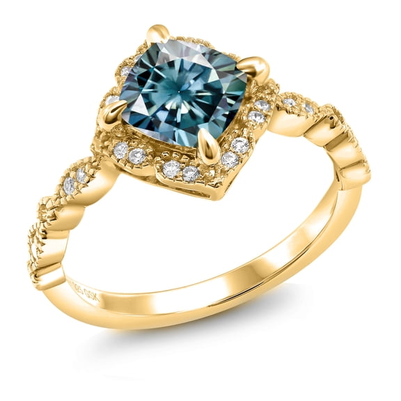Gem Stone King 18K Yellow Gold Plated Silver Ring Cushion Blue and White Moissanite (1.90 Cttw, Size 7)