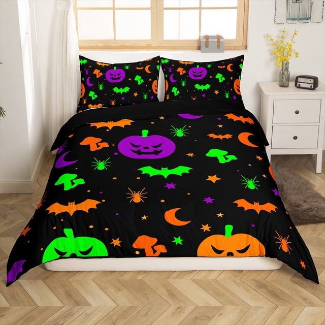 Erosebridal Housse de Couette Citrouille Colorée, Housse de Couette Chauve-Souris d'Halloween, Literie Réversible Araignée Dessin Animé, Décor de Chambre en Microfibre, 2 Pcs (Sans Couette)