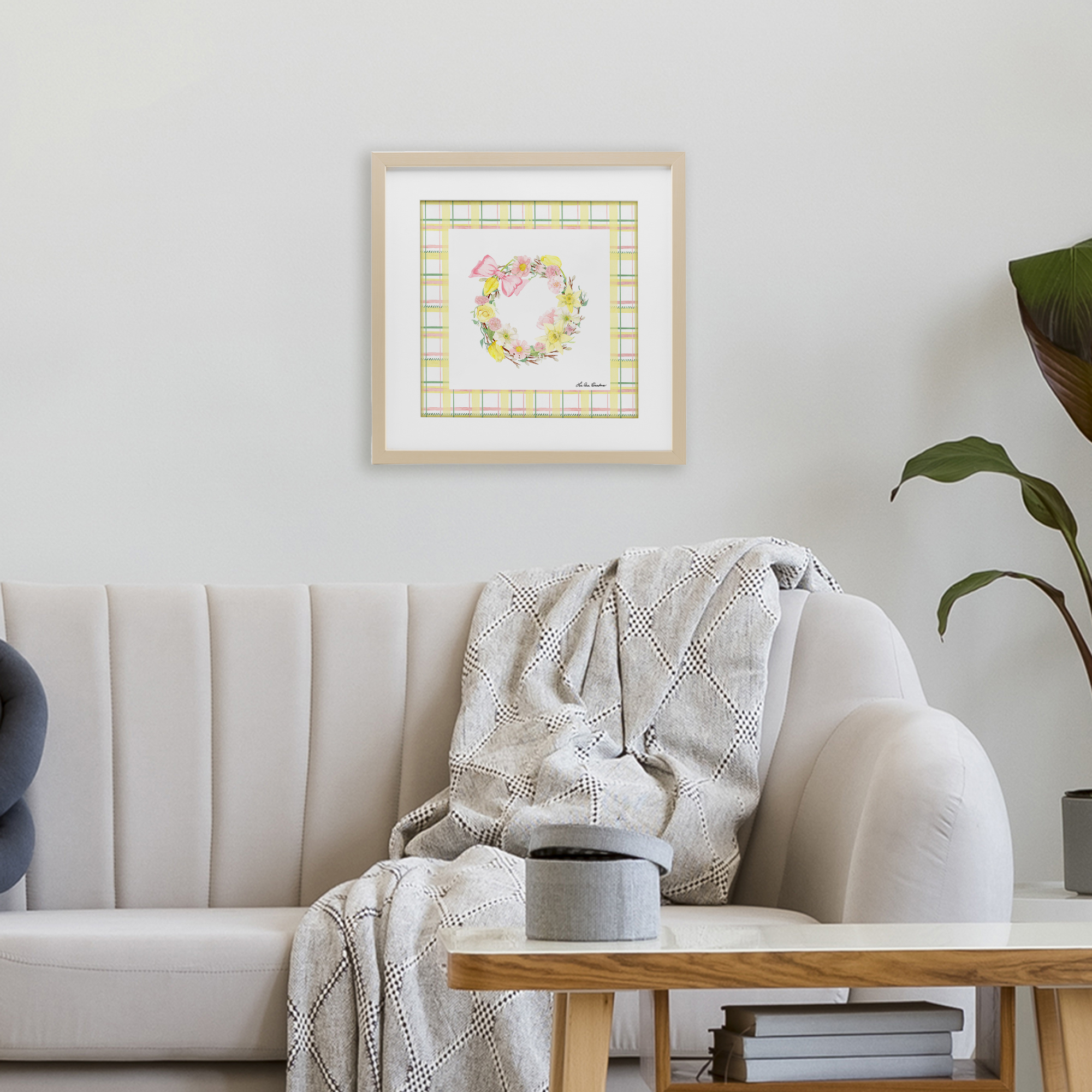 Wreath in Spring Pastels Birch Framed Print Under Glass, design by Lee Ann Sanders