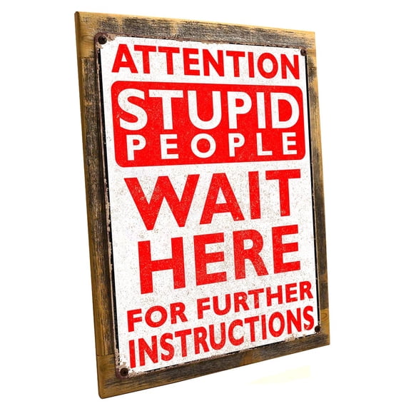 Framed Stupid People Wait Here 9"x12" Metal Sign, Wall Decor for Office or Meeting Room, Hand-Crafted from reclaimed materials