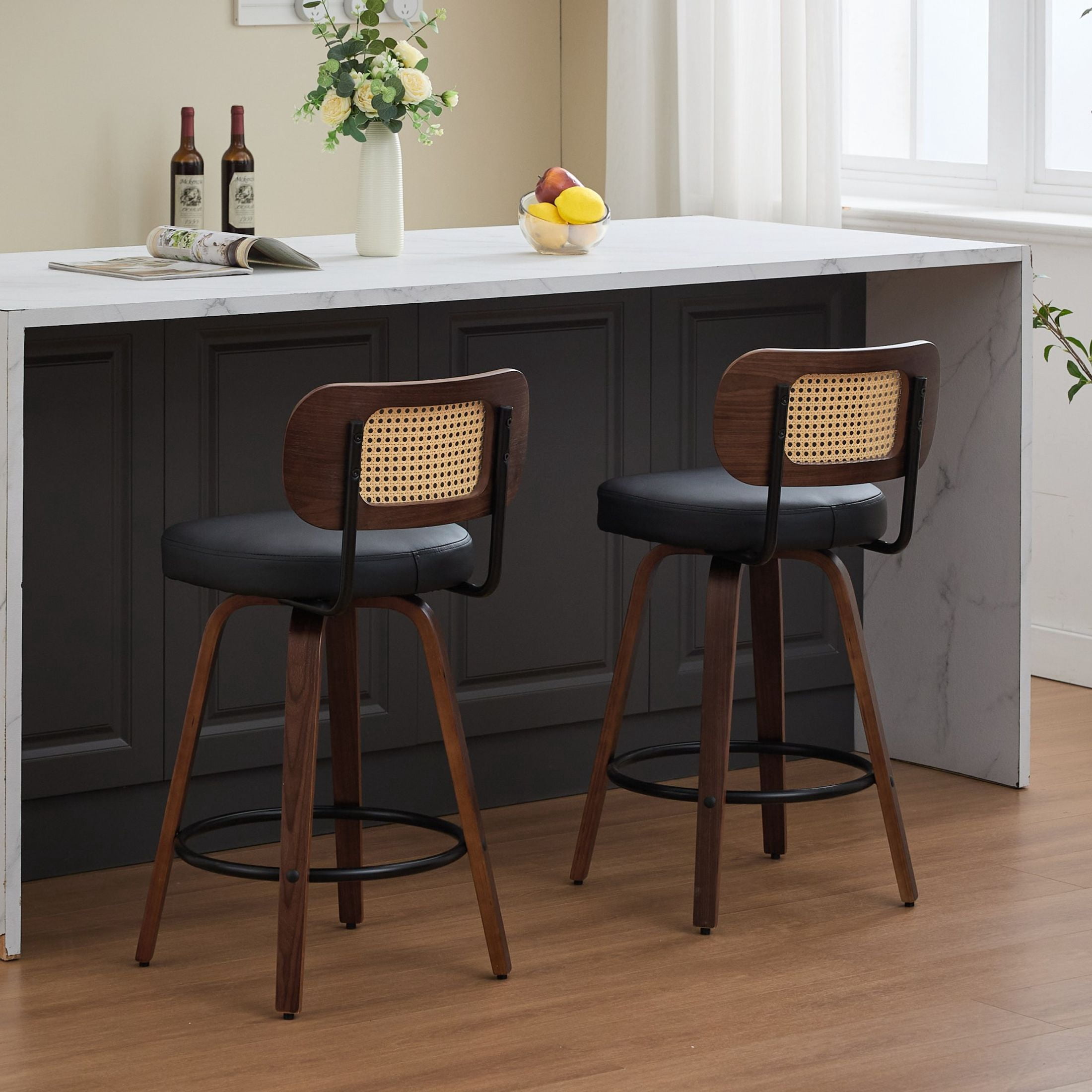 Noble House Set of 2 Counter Height Bar Stools, Cane Back, PU Seat, Walnut + Black