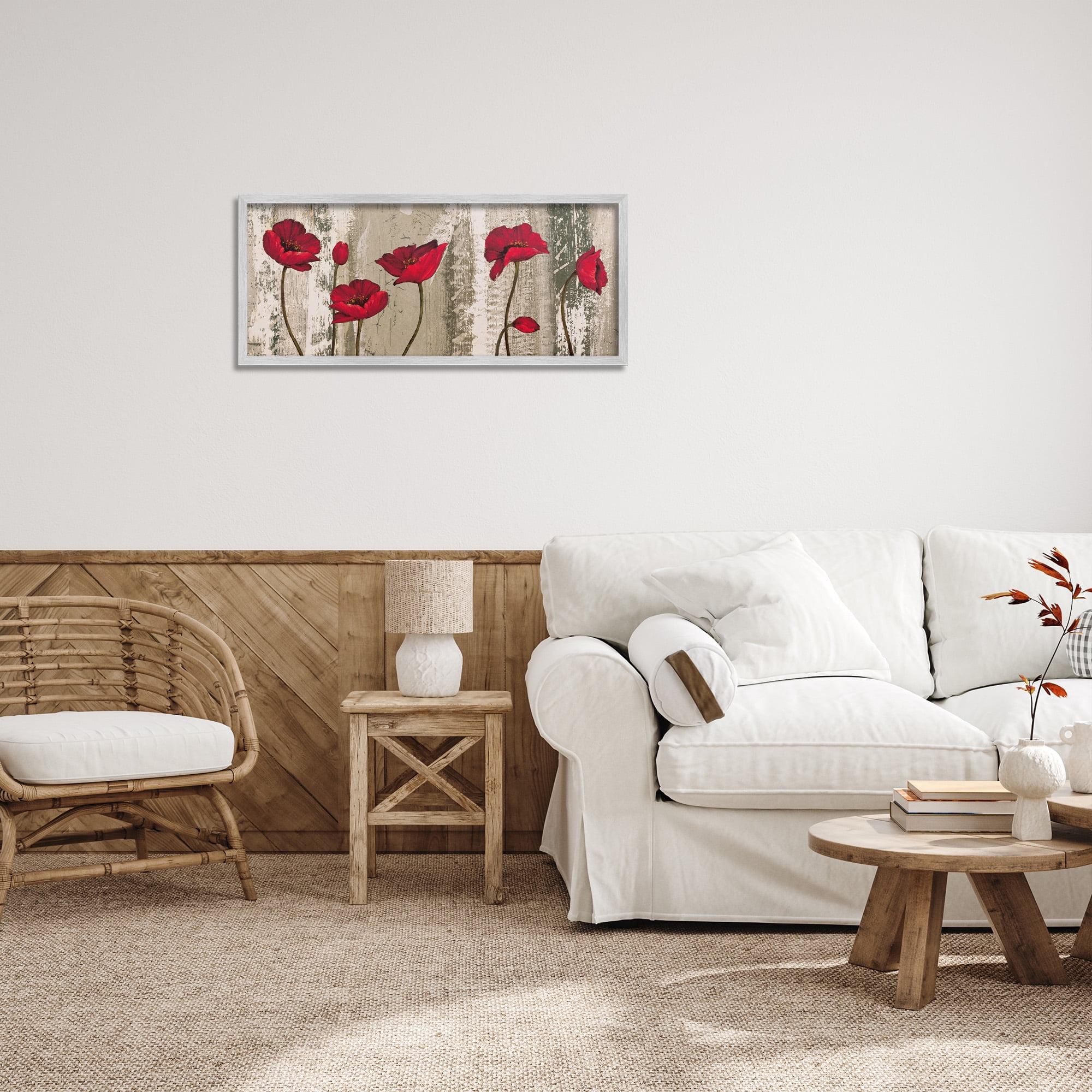 Stupell Industries Red Poppies Rustic Pattern Botanical & Floral Painting Gray Framed Art Print Wall Art, 30 x 13