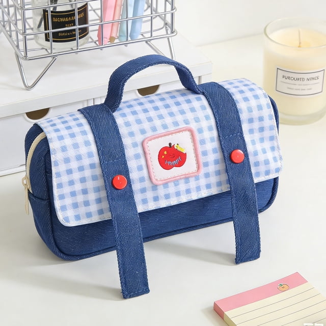 Cute Apples Denim Pencil Case Large Capacity Handheld Dirt-Resistant Stationery Bag