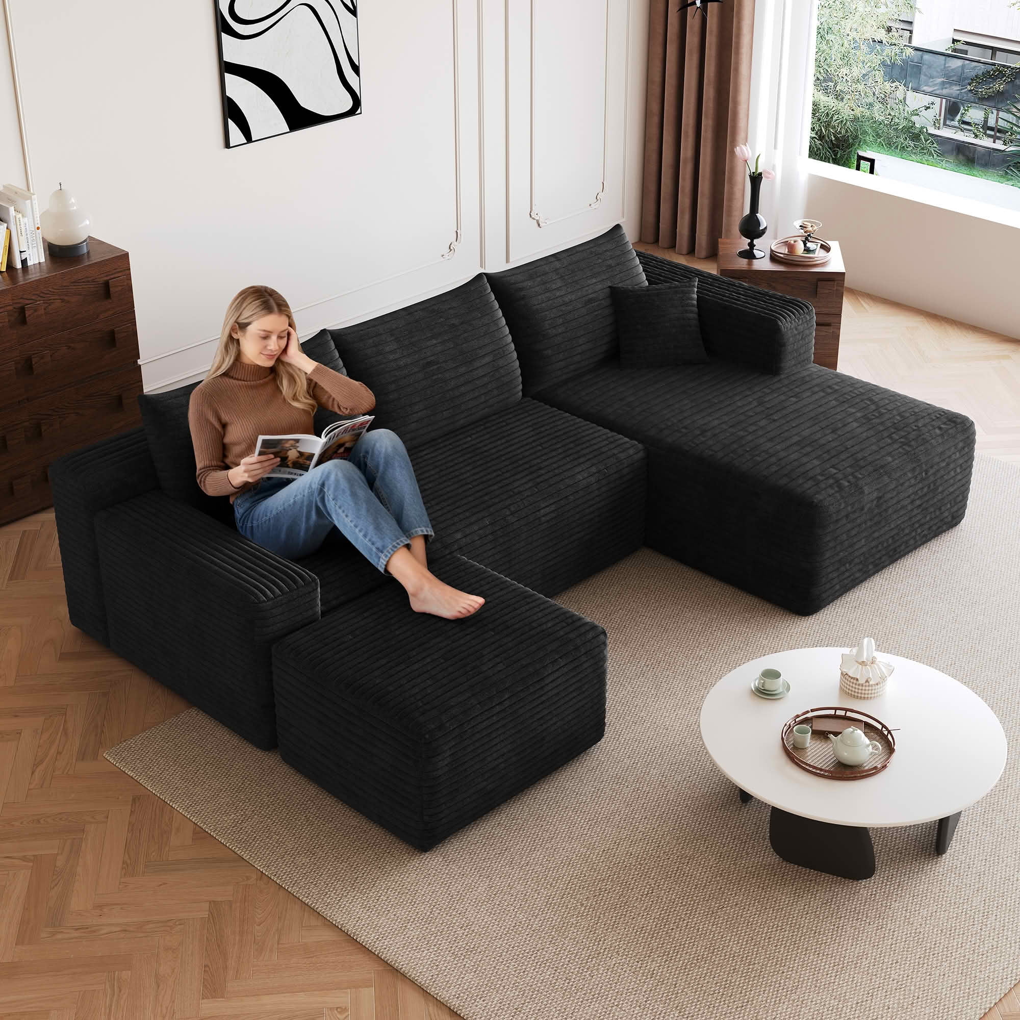 MAYEERTY 95 Inch Cloud U Shaped Sectional Sofa with 1 Ottoman, Plush Corduroy Deep Seat Corner Couch, No Assembly Minimalist Sofa for Living Room Apartment