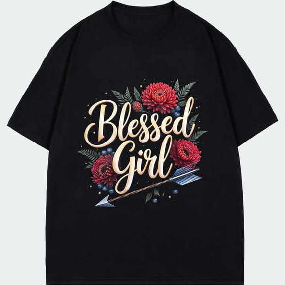Black T Shirt Blessed Girl Floral And Arrow Print For Casual Wear