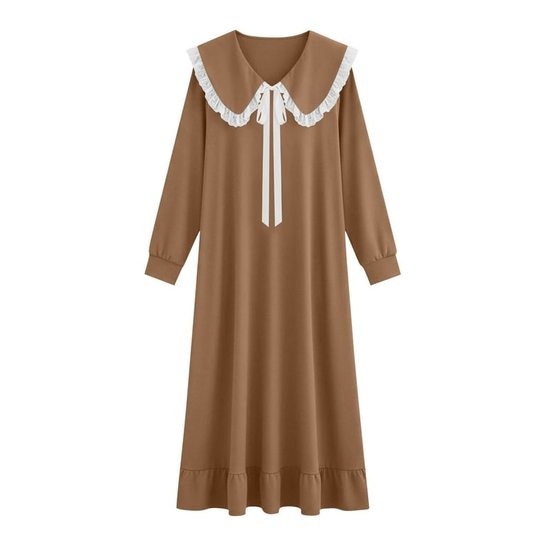 old fashioned moo moo dress Sakmal Victorian Moo Moos for Women Long Sleeve Vintage Mumu Dress Casual  Solid Collared Nightgown for Women M