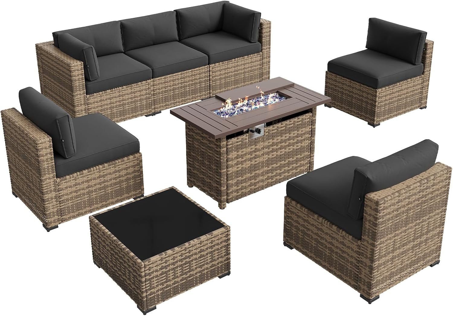 Aoxun 8 Piece Patio Furniture Set with 44” Fire Pit Table Wicker Rattan Outdoor Sectional Sofa Set with Coffee Table and 4” Thickened Cushions, Black (Waterproof Cover Included)