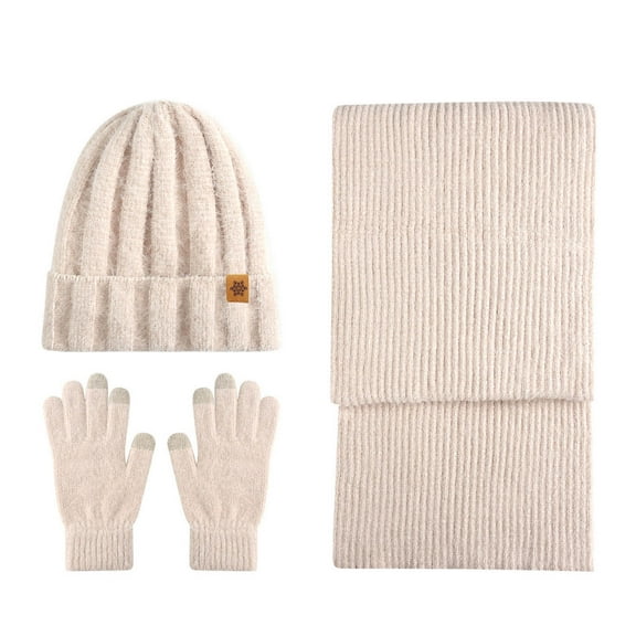 AINIYS Winter Women's Warm Wool Hat Scarf Gloves Set Double Layer Thick Knitted Windproof Ear Protection Casual Daily Beige Free Size