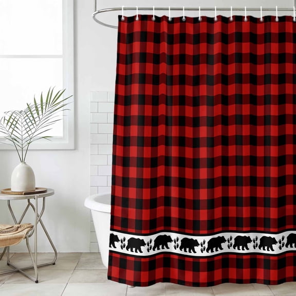 Red Black Plaid Waterproof Fabric Shower Curtain,Country Vintage Bear Buffalo Gingham Waterproof Fabric Shower Curtain for Bathroom Curtains Bathtubs Hotel Shower Curtains with 12 Hooks Stall 54x78in
