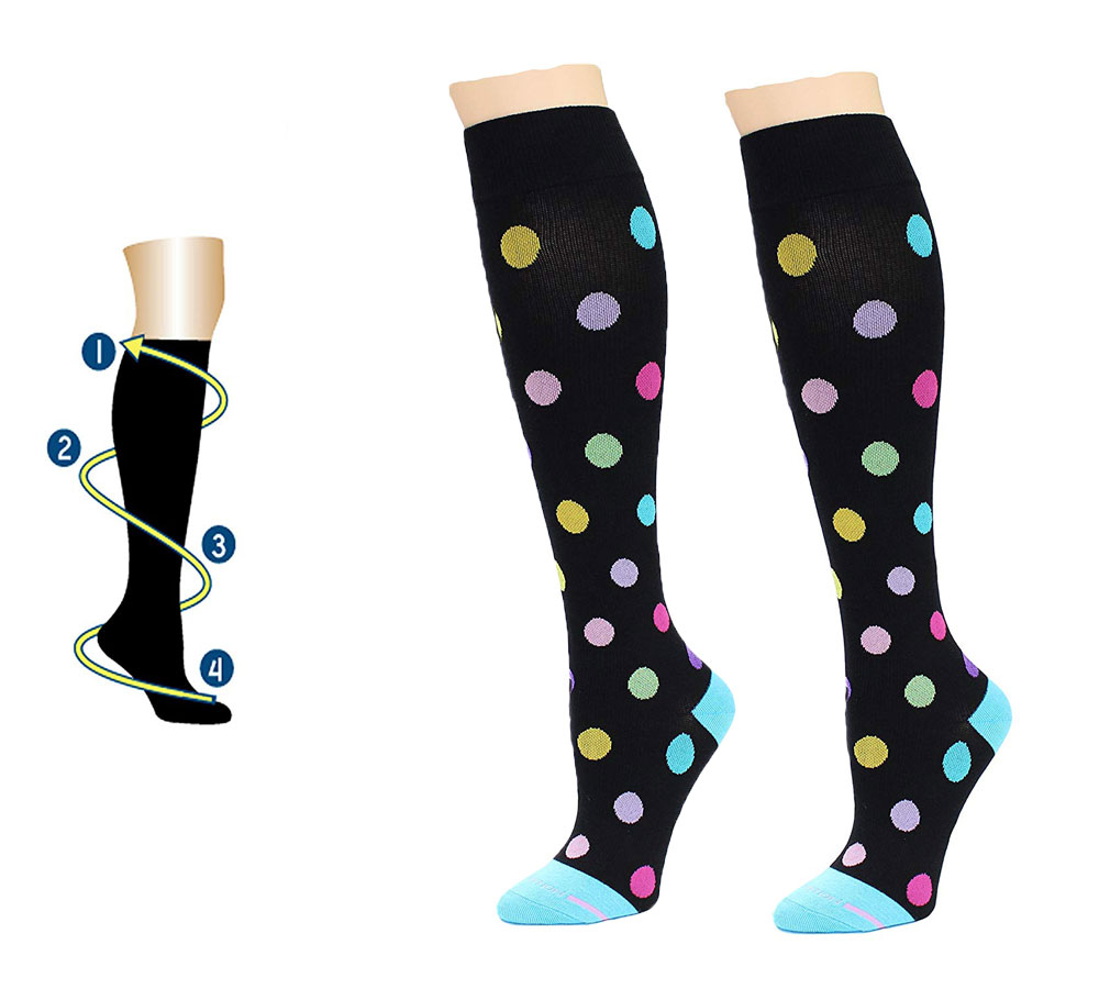 Dr. Motion Women's Mild Compression Giant Dots Knee High Socks - Black/Blue 4-10