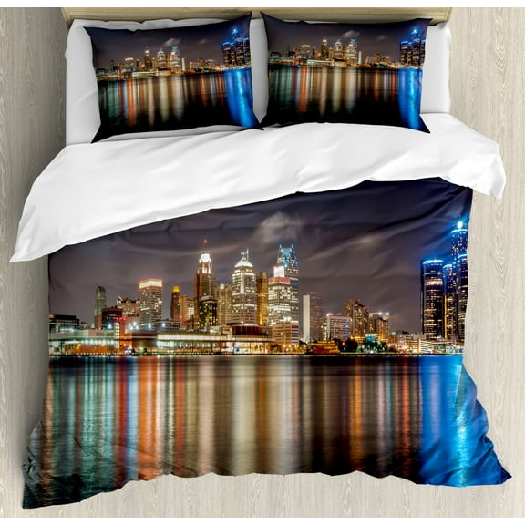 Detroit Duvet Cover Set King Size, Modern Metropolis Cityscape at Night Time Detroit River with Colorful Reflection, Decorative 3 Piece Bedding Set with 2 Pillow Shams, Multicolor, by Ambesonne