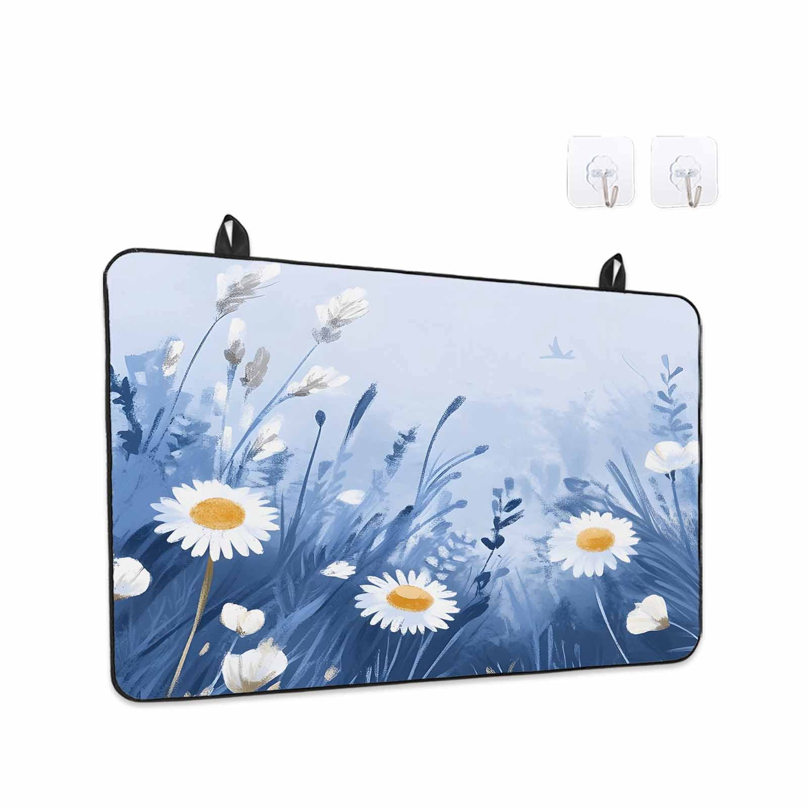 Spring Daisy Blue Stove Top Cover for Electric Stove, Heat-proof & Non Slip Glass Top Stove Cover Protector, Pastoral Botanical White Floral Leaf Kitchen Flat Cooktop Rubber Mat 24x21 Inches